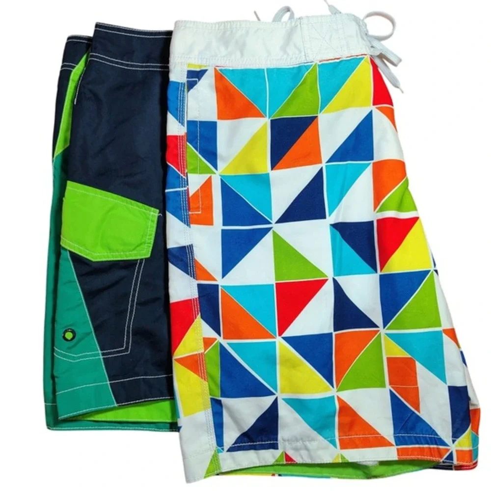 2 Swim Trunks Board‎ Shorts Old Navy L Geometric Print Blue Green Orange beach